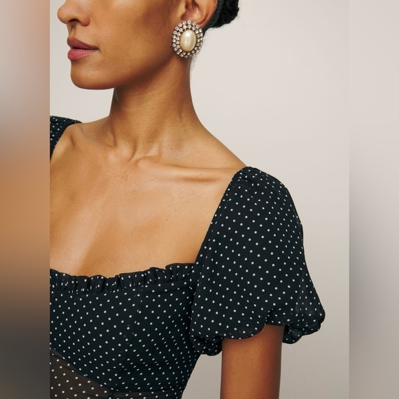 NEW Reformation Davonne Mini  Dress in Black Polkadot Frill Detail | size 0 - Picture 5 of 13